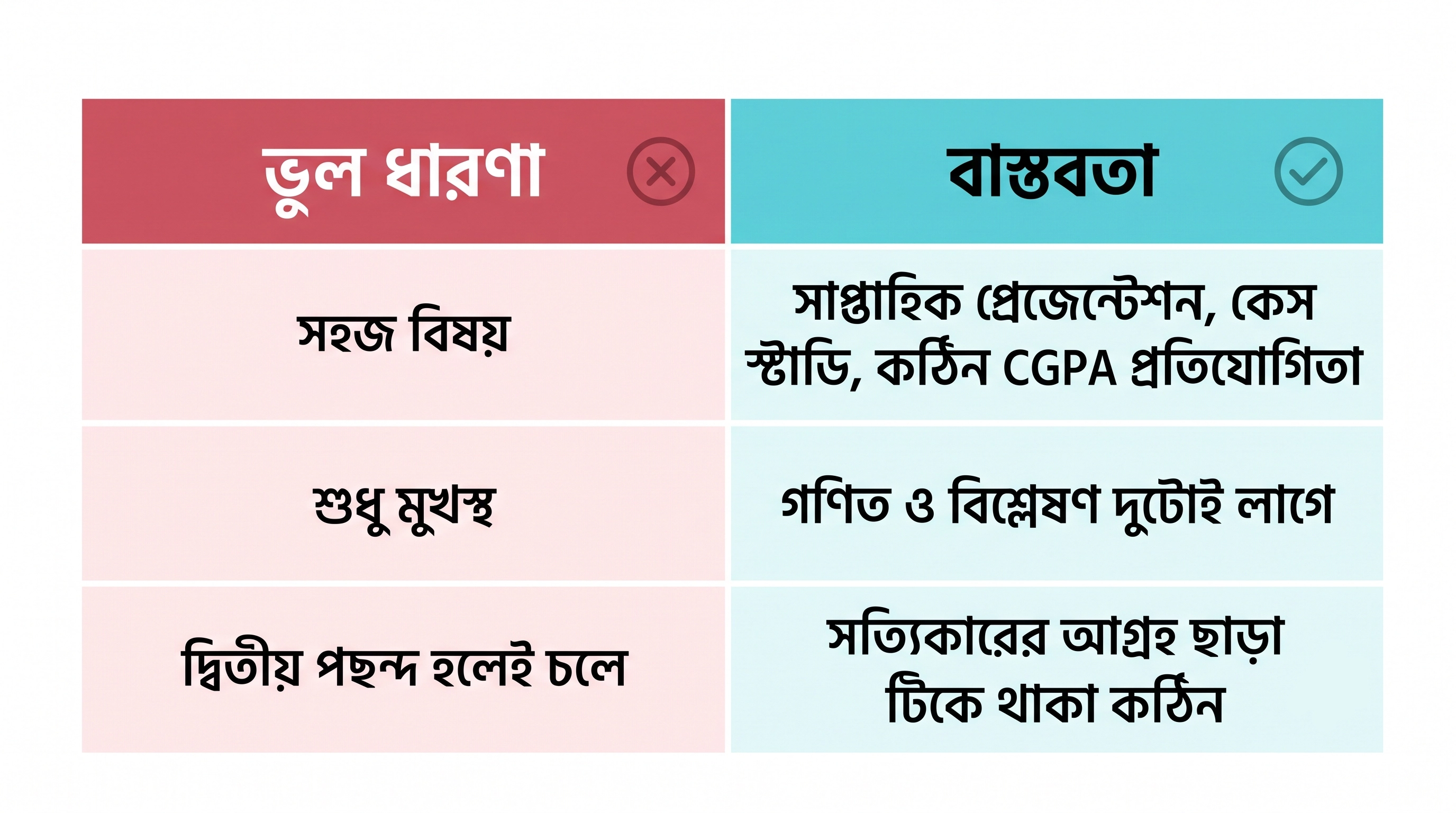 বিবিএ নিয়ে প্রচলিত ভুল ধারণা বনাম বাস্তবতা তুলনামূলক ইনফোগ্রাফিক