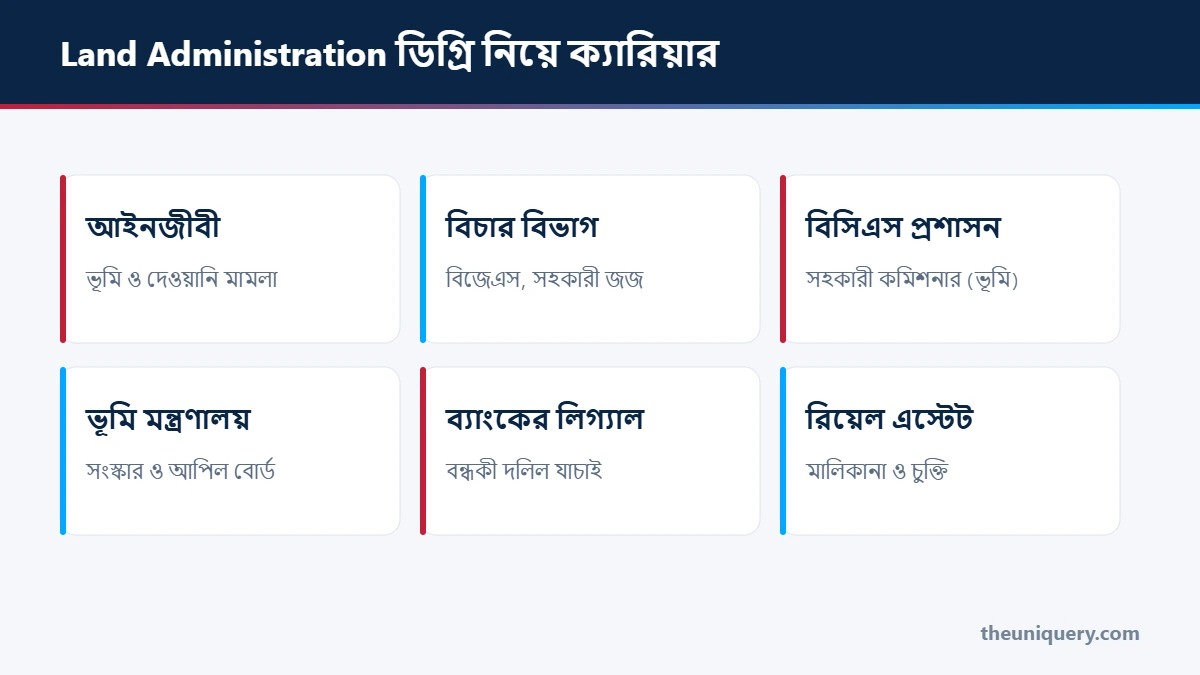 Land Administration ডিগ্রি নিয়ে ক্যারিয়ার: আইনজীবী হিসেবে ভূমি মামলা, বিসিএস প্রশাসন, ভূমি মন্ত্রণালয়, রিয়েল এস্টেট ও ব্যাংকের লিগ্যাল বিভাগ