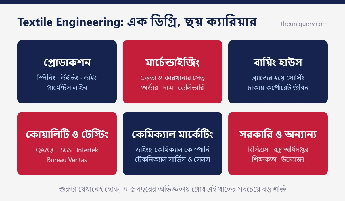 Textile Engineering ক্যারিয়ার: প্রোডাকশন, মার্চেন্ডাইজিং, বায়িং হাউস, কোয়ালিটি, কেমিক্যাল ও সরকারি চাকরির পথগুলো